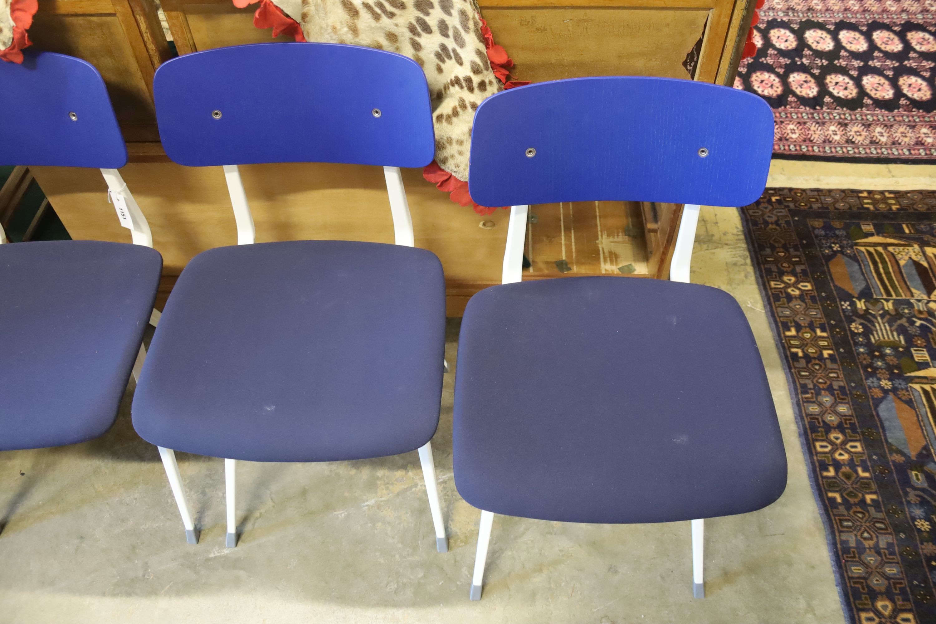 Friso Kramer and Wim Rietveld for Hay & Ahrend, a set of four blue aluminium chairs